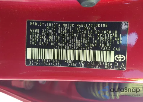 2015 Toyota Corolla L/Le/Le Plus/Le Premium/S/S Plus/S Premium из США, поврежденный, VIN 5YFBURHE2FP324342